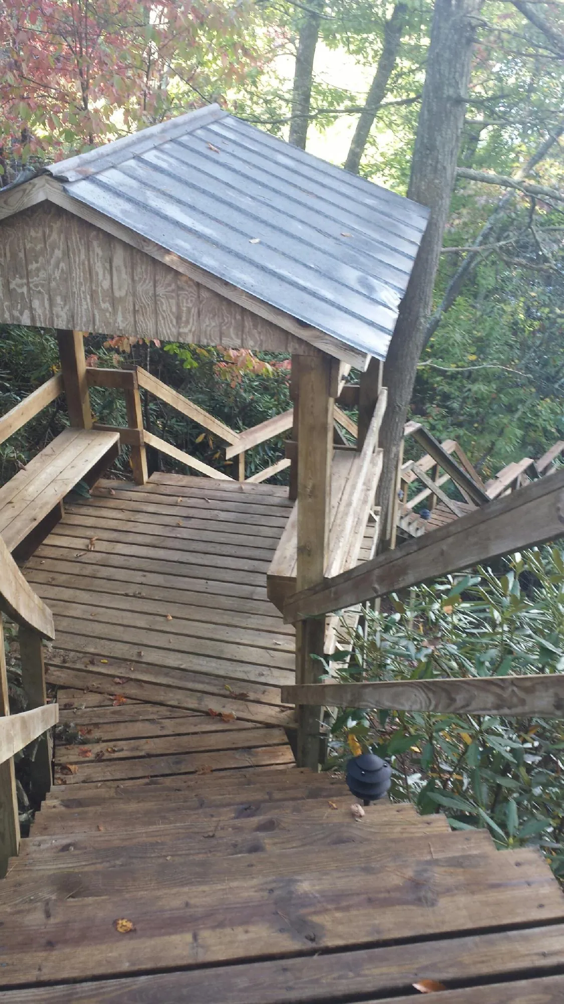 Metal roofed shelter over wooden steps on a wooded walkway — Skylight Repair & Installation work by our crew in Ridgeway
